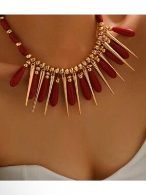 Red Ember Drop Fringe Necklace – Golden Drama Piece